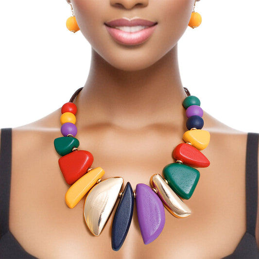 Bib Necklace Multi Wood Metal Set for Women - Premium Wholesale Jewelry from Pinktown - Just $23! Shop now at chiquestyles