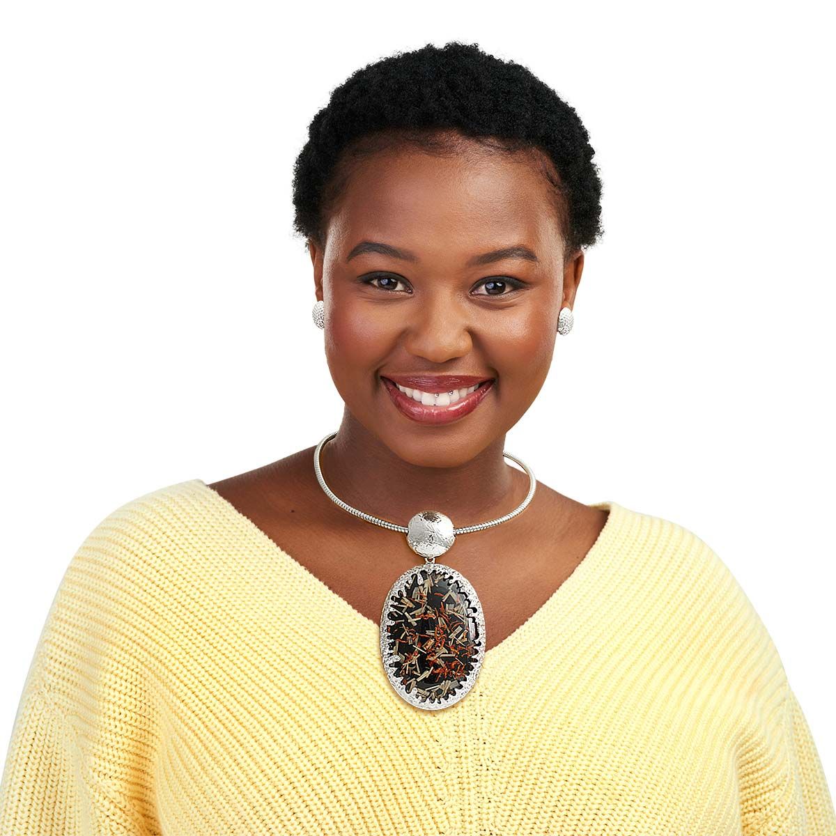 Oval Black Confetti Silver Collar|18 inches - Premium Wholesale Jewelry from Pinktown - Just $23! Shop now at chiquestyles