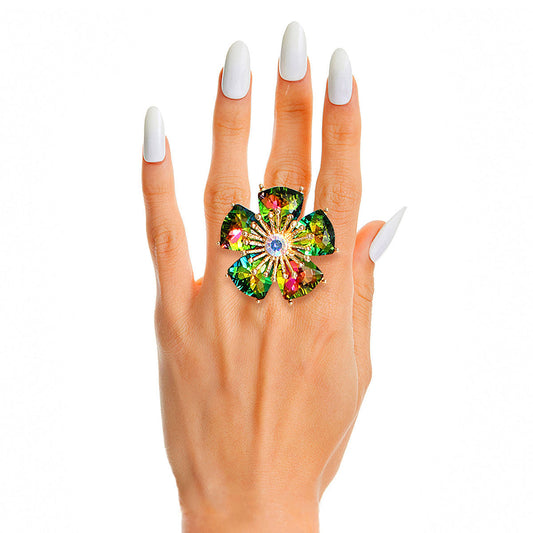 Pink Green Daisy Crystal Ring|Stretch to Fit - Premium Wholesale Jewelry from Pinktown - Just $14! Shop now at chiquestyles