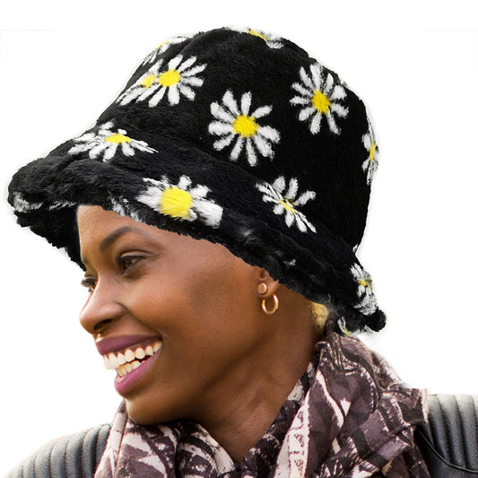Black Floral Faux Fur Bucket Hat|One Size - Premium Wholesale Fashion Accessories from Pinktown - Just $18! Shop now at chiquestyles