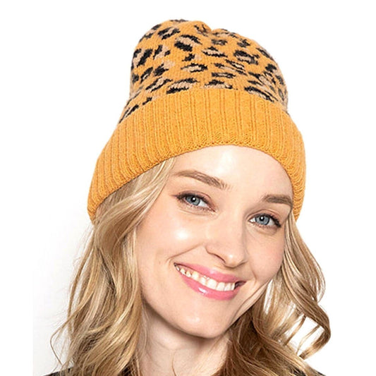Mustard Leopard Cuff Beanie|Stretch to Fit - Premium Wholesale Fashion Accessories from Pinktown - Just $15! Shop now at chiquestyles