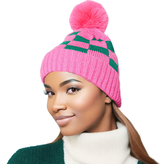 Pink Green Checkerboard Beanie - Premium Wholesale Fashion Accessories from Pinktown - Just $20! Shop now at chiquestyles