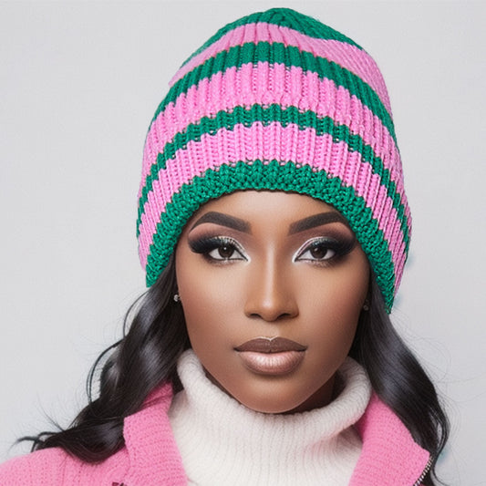 Pink Green Stripe Knit Beanie - Premium Wholesale Fashion Accessories from Pinktown - Just $17! Shop now at chiquestyles