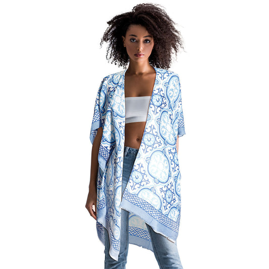Blue Tile Print Kimono|37.4 x 35.4 inches - Premium Wholesale Boutique Clothing from Pinktown - Just $23! Shop now at chiquestyles