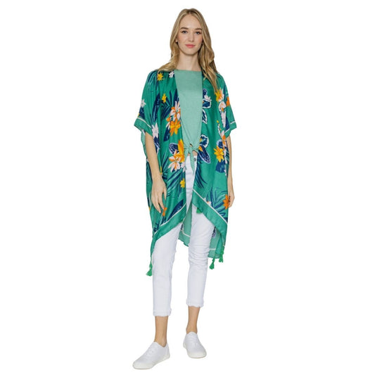 Green Tropical Floral Tassel Kimono|32.4 x 35.4 inches - Premium Wholesale Boutique Clothing from Pinktown - Just $23! Shop now at chiquestyles