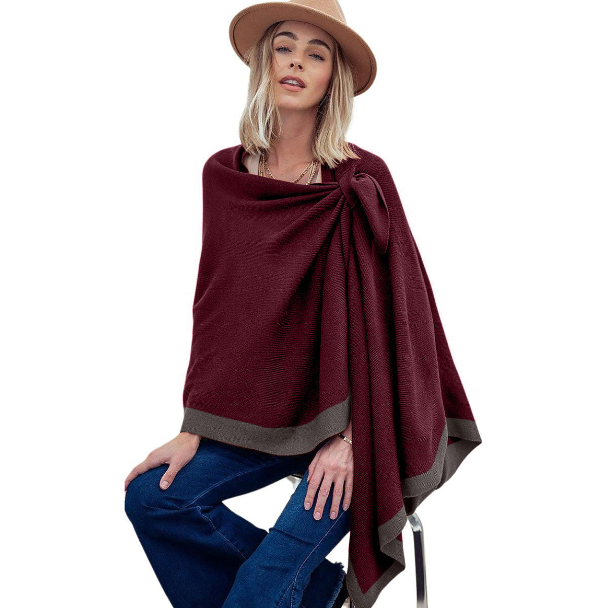 Burgundy Bordered Shoulder Strap Ruana - Premium Wholesale Boutique Clothing from Pinktown - Just $55! Shop now at chiquestyles