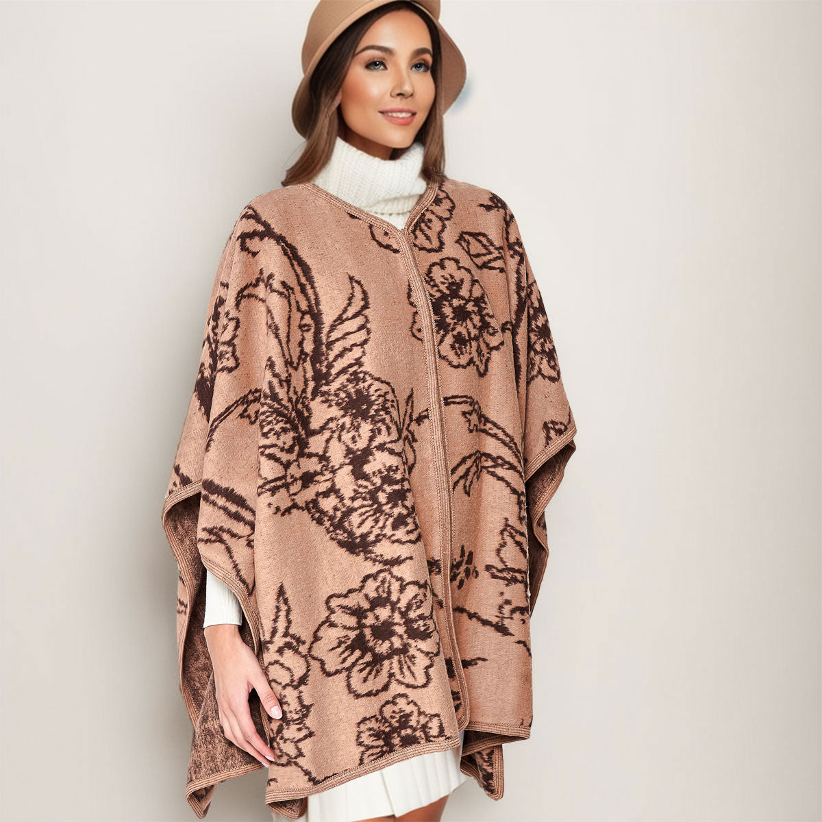 Kimono Ruana Acrylic Camel Flower Knit For Women|31.5 x 43.3 inches - Premium Wholesale Fashion Accessories from Pinktown - Just $40! Shop now at chiquestyles