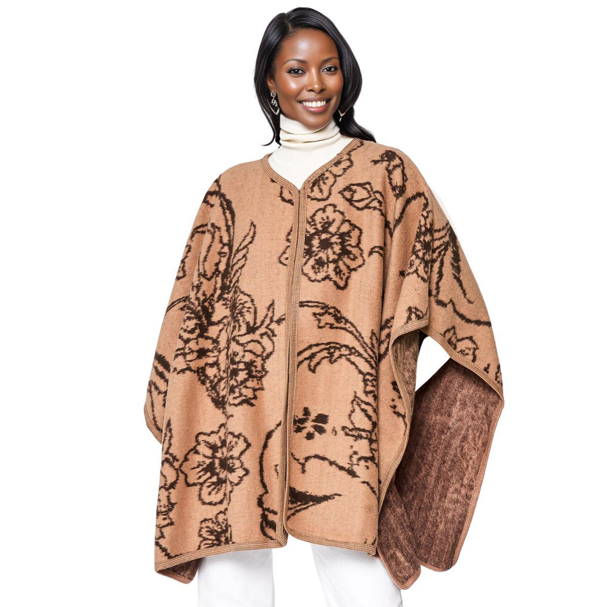 Kimono Ruana Acrylic Camel Flower Knit For Women|31.5 x 43.3 inches - Premium Wholesale Fashion Accessories from Pinktown - Just $40! Shop now at chiquestyles