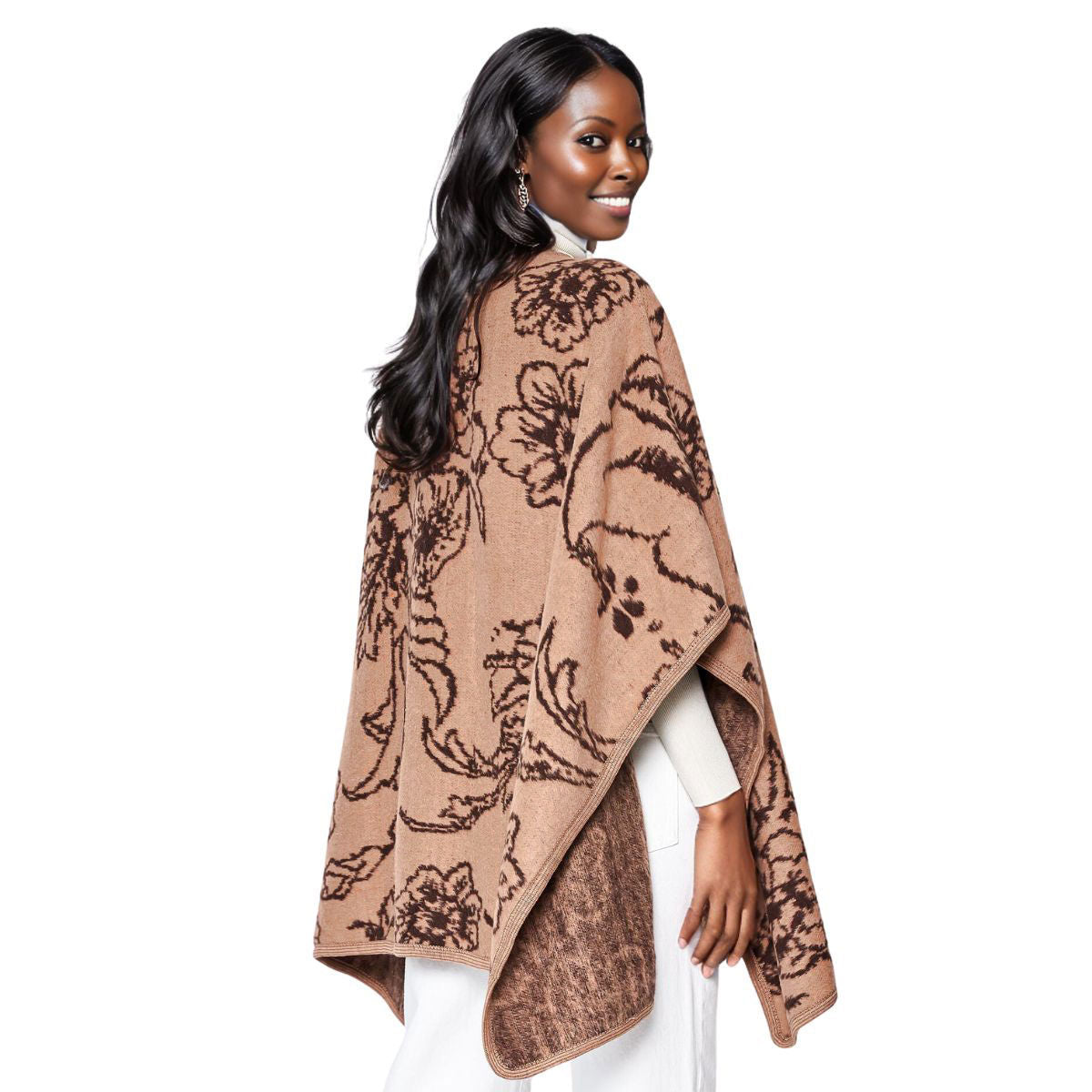 Kimono Ruana Acrylic Camel Flower Knit For Women|31.5 x 43.3 inches - Premium Wholesale Fashion Accessories from Pinktown - Just $40! Shop now at chiquestyles