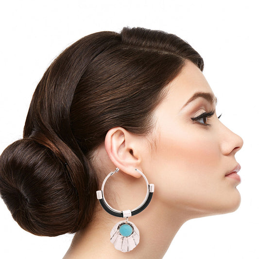 Burnished Silver Turquoise Shell Hoops|3.5 inches - Premium Wholesale Jewelry from Pinktown - Just $11! Shop now at chiquestyles