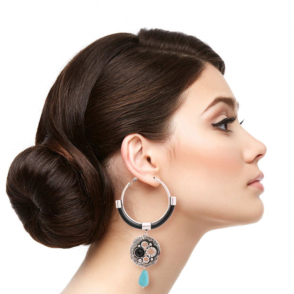 Burnished Silver Turquoise Drop Hoops|4.25 inches - Premium Wholesale Jewelry from Pinktown - Just $11! Shop now at chiquestyles