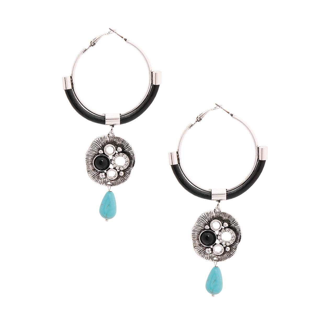 Burnished Silver Turquoise Drop Hoops|4.25 inches - Premium Wholesale Jewelry from Pinktown - Just $11! Shop now at chiquestyles
