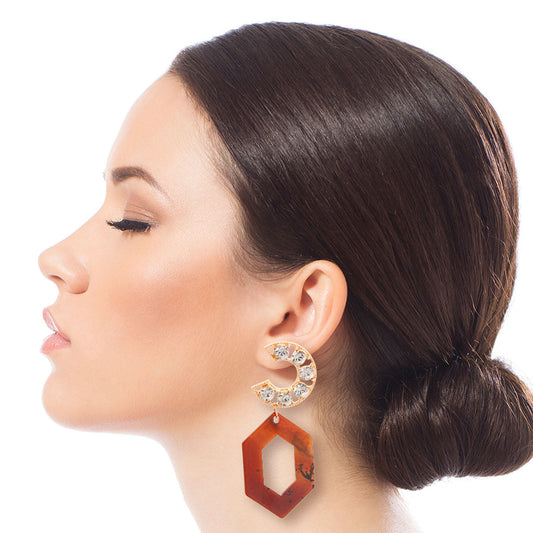 Brown Hexagon Crystal Earrings|3 inches - Premium Wholesale Jewelry from Pinktown - Just $6! Shop now at chiquestyles