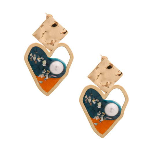 Gold and Blue Resin Heart Earrings|2.5 inches - Premium Wholesale Jewelry from Pinktown - Just $6! Shop now at chiquestyles