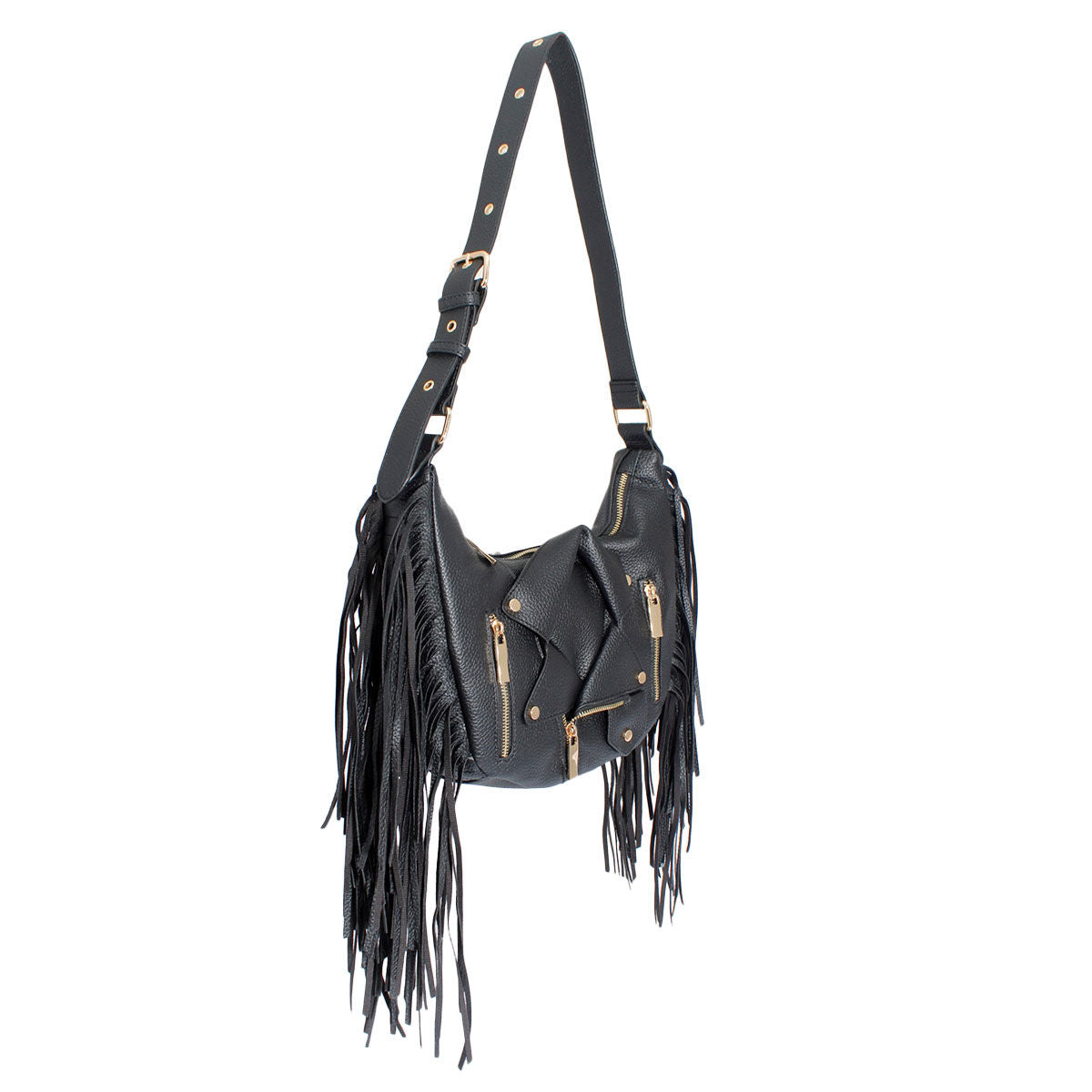 Black Moto Fringe Shoulder Bag|11.4 x 11.8 x 3.5 inches - Premium Wholesale Fashion Accessories from Pinktown - Just $64! Shop now at chiquestyles
