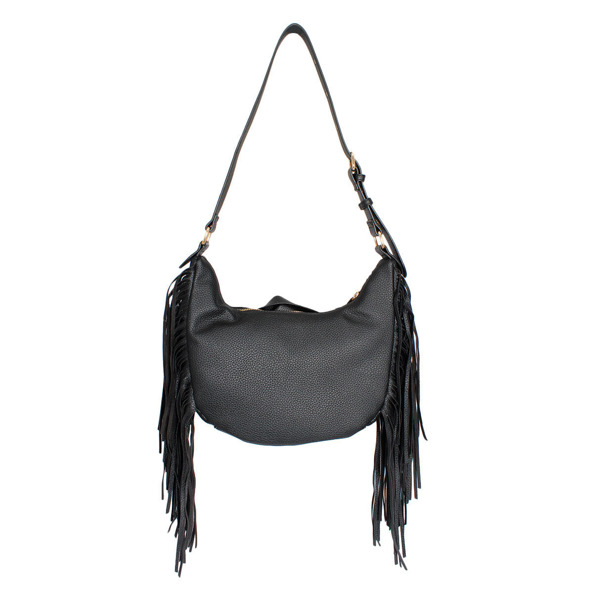 Black Moto Fringe Shoulder Bag|11.4 x 11.8 x 3.5 inches - Premium Wholesale Fashion Accessories from Pinktown - Just $64! Shop now at chiquestyles