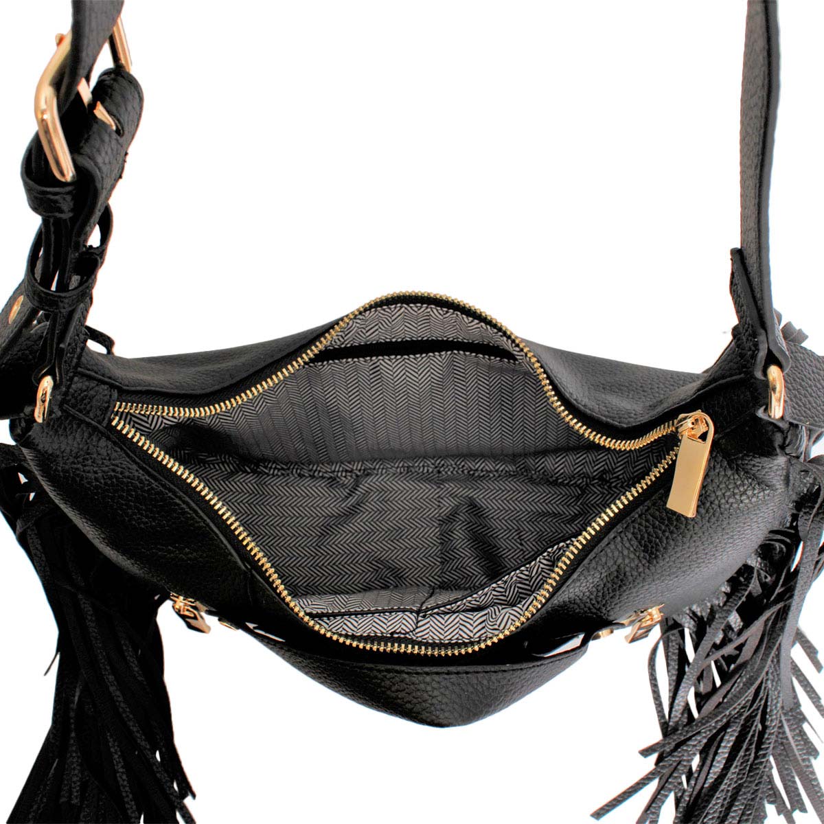 Black Moto Fringe Shoulder Bag|11.4 x 11.8 x 3.5 inches - Premium Wholesale Fashion Accessories from Pinktown - Just $64! Shop now at chiquestyles