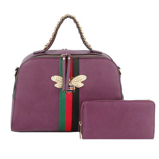 Purple Stripe Top Handle Handbag Set|12.25 x 9 x 4.5 inches - Premium Wholesale Fashion Accessories from Pinktown - Just $76! Shop now at chiquestyles