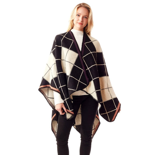 Black and White Plaid Knit Ruana - Premium Wholesale Fashion Accessories from Pinktown - Just $44! Shop now at chiquestyles