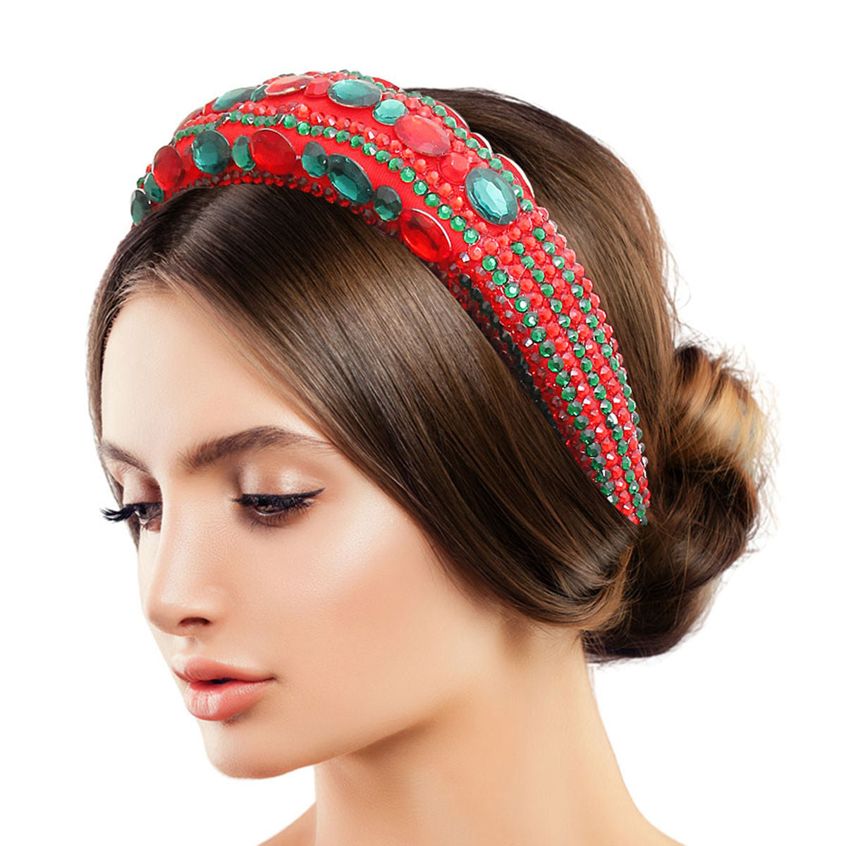 Designer Green Red Crystal Padded Headband|Adjustable - Premium Wholesale Fashion Accessories from Pinktown - Just $14! Shop now at chiquestyles