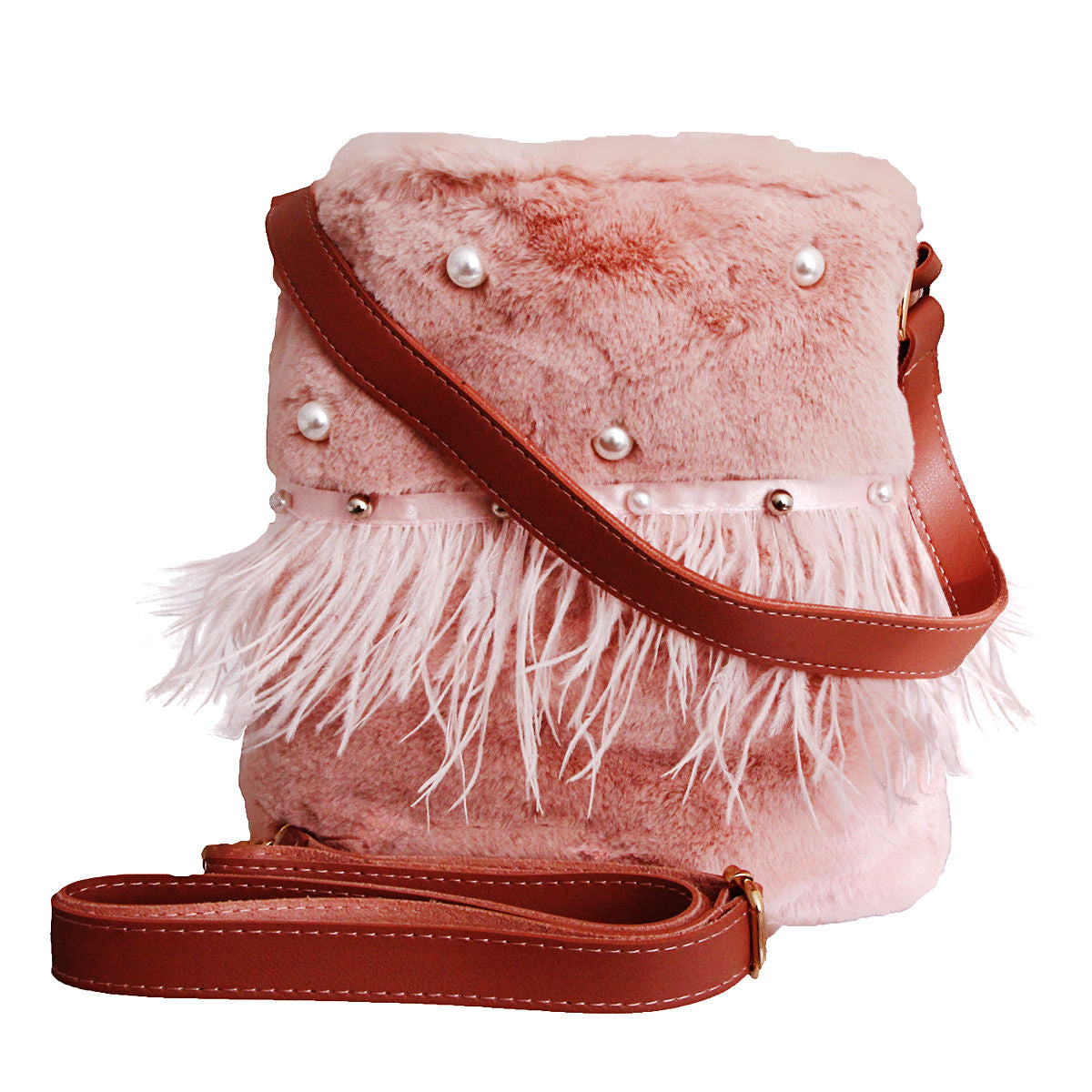 Mauve Fur Pearl Stud Bucket Bag|9.6 x 5.8 x 5.5 inches - Premium Wholesale Fashion Accessories from Pinktown - Just $31! Shop now at chiquestyles