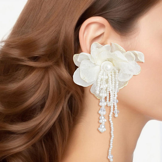 Drop Cream Fabric Flower Pearl Earrings for Women - Premium Wholesale Jewelry from Pinktown - Just $18! Shop now at chiquestyles