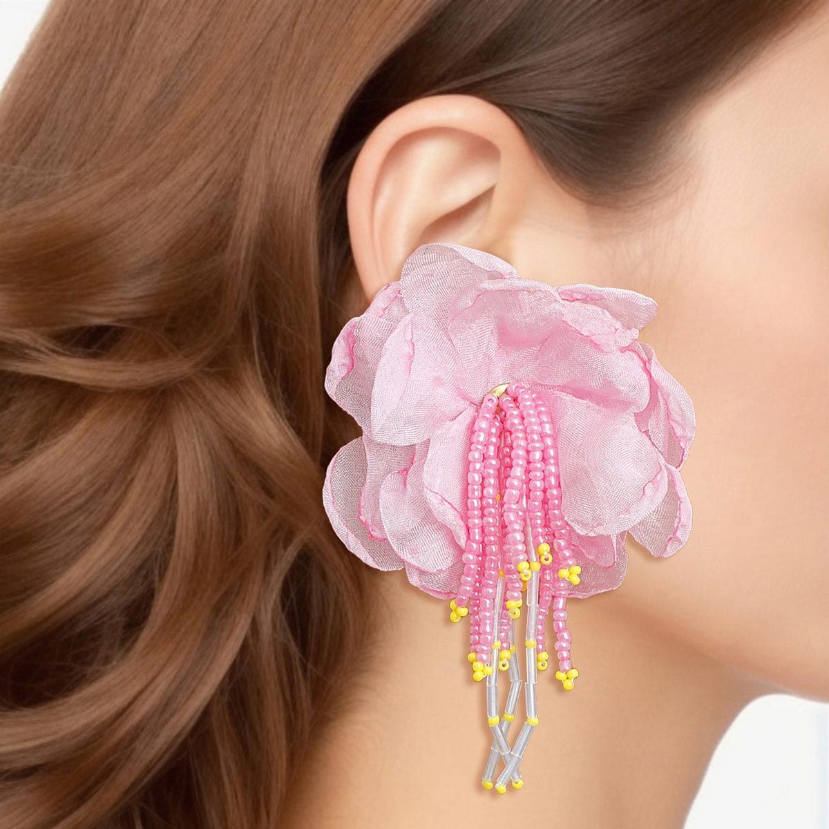 Drop Pink Fabric Flower Bead Earrings for Women - Premium Wholesale Jewelry from Pinktown - Just $19! Shop now at chiquestyles