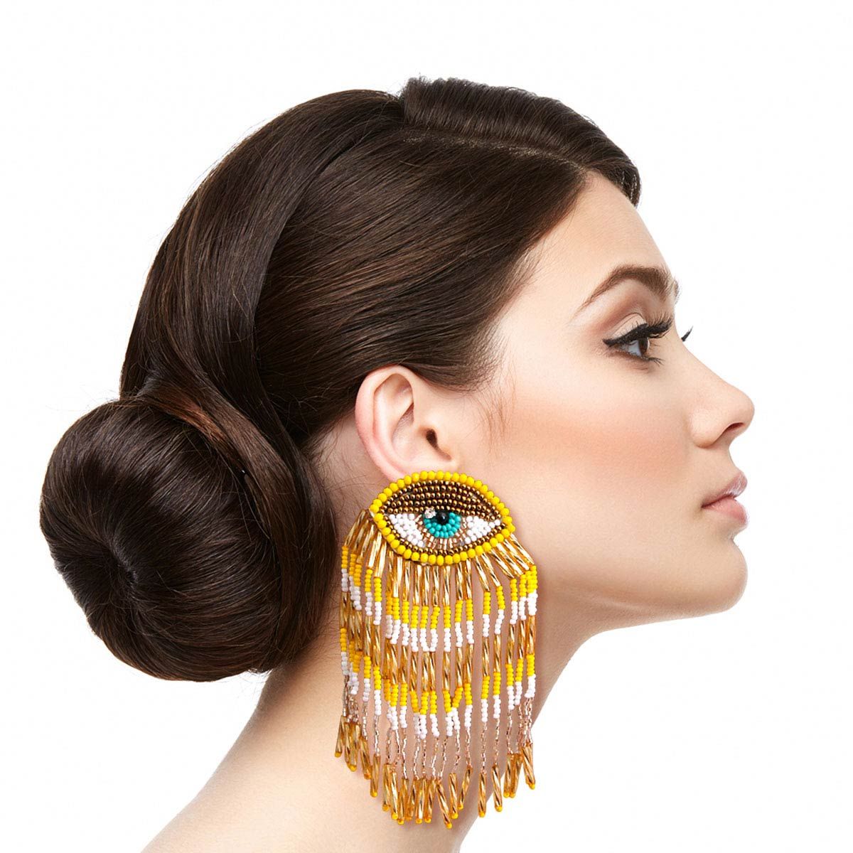 Yellow and Gold Bead Eye Fringe Earrings - Premium Wholesale Jewelry from Pinktown - Just $19! Shop now at chiquestyles
