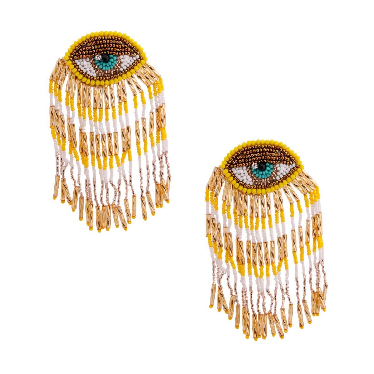 Yellow and Gold Bead Eye Fringe Earrings - Premium Wholesale Jewelry from Pinktown - Just $19! Shop now at chiquestyles