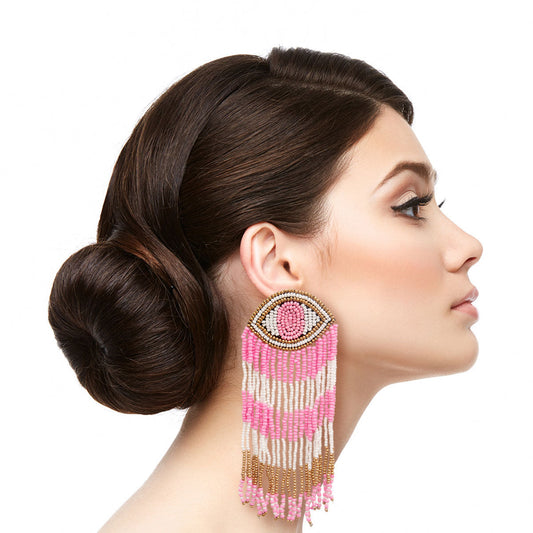 Pink Seed Bead Evil Eye Fringe Earrings|5 inches - Premium Wholesale Jewelry from Pinktown - Just $16! Shop now at chiquestyles