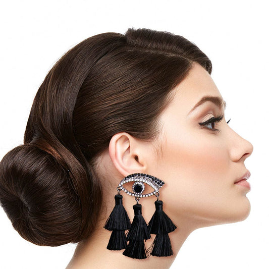 Black Evil Eye Tassel Earrings|2.75 inches - Premium Wholesale Jewelry from Pinktown - Just $15! Shop now at chiquestyles
