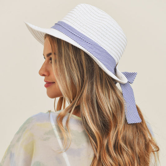 White Navy Striped Bow Fedora|One Size - Premium Wholesale Fashion Accessories from Pinktown - Just $17! Shop now at chiquestyles