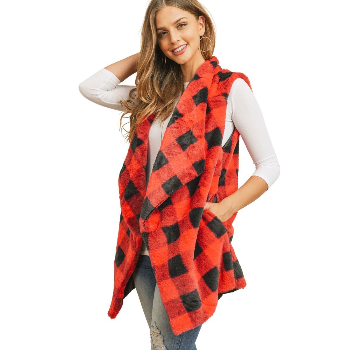Red Buffalo Plaid Faux Fur Vest|30.5 x 19.5 inches - Premium Wholesale Boutique Clothing from Pinktown - Just $51! Shop now at chiquestyles