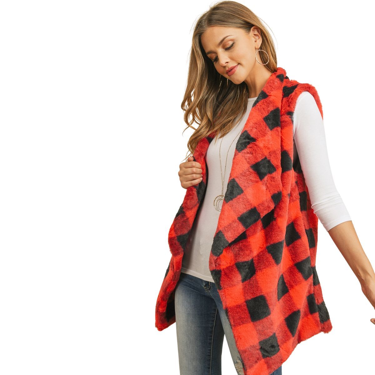 Red Buffalo Plaid Faux Fur Vest|30.5 x 19.5 inches - Premium Wholesale Boutique Clothing from Pinktown - Just $51! Shop now at chiquestyles