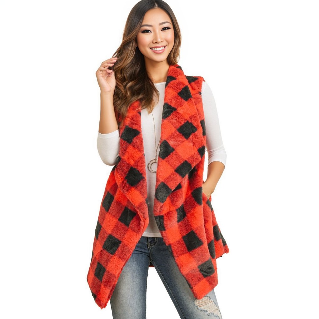 Red Buffalo Plaid Faux Fur Vest|30.5 x 19.5 inches - Premium Wholesale Boutique Clothing from Pinktown - Just $51! Shop now at chiquestyles