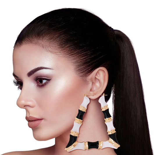 Black and White Trapezoid Bamboo Hoops|3.25 inches - Premium Wholesale Jewelry from Pinktown - Just $12! Shop now at chiquestyles