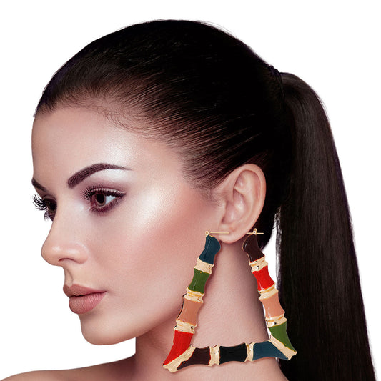 Multi Color Trapezoid Bamboo Hoops|3.25 inches - Premium Wholesale Jewelry from Pinktown - Just $12! Shop now at chiquestyles