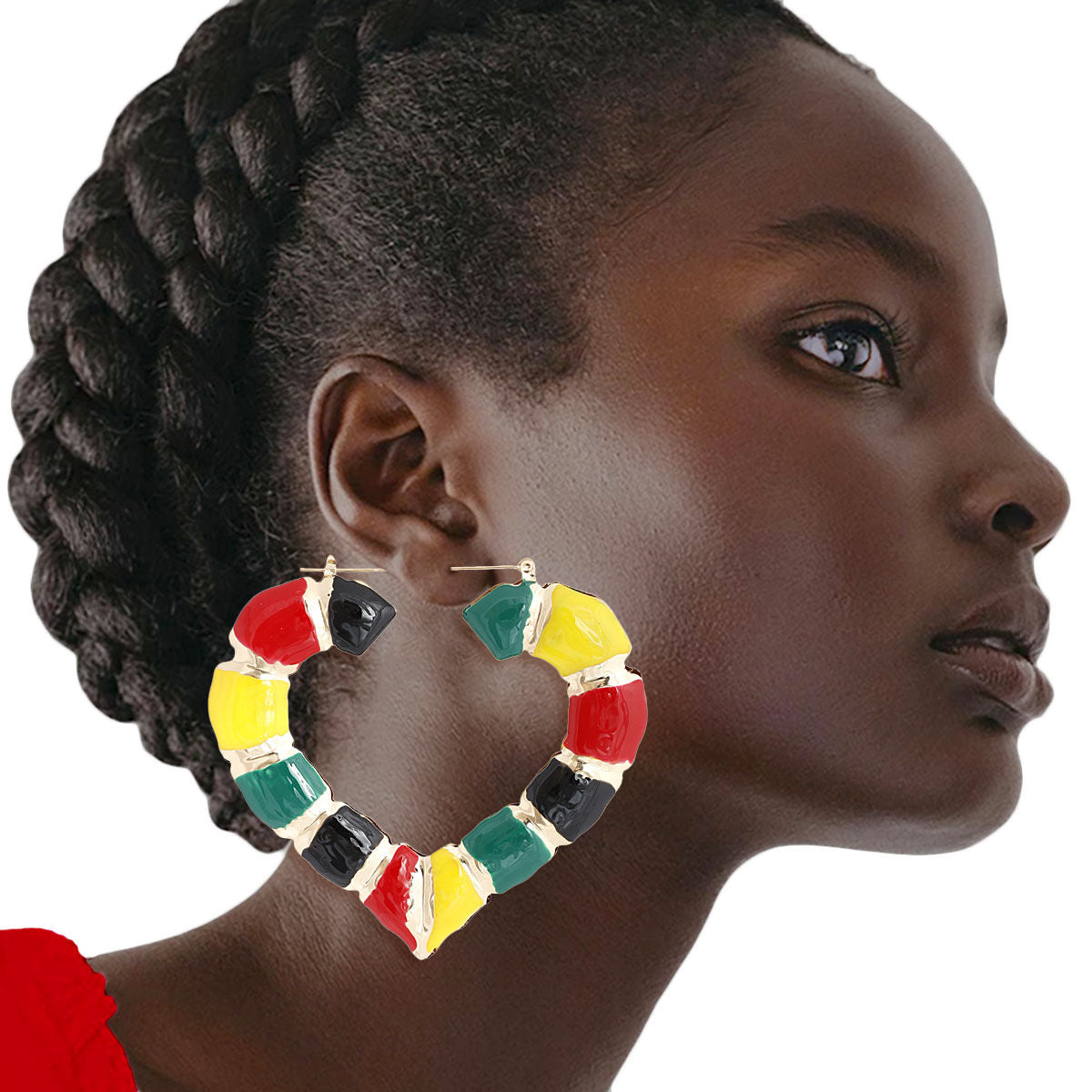 African Flag Color Heart Bamboo Hoops|3 inches - Premium Wholesale Jewelry from Pinktown - Just $12! Shop now at chiquestyles