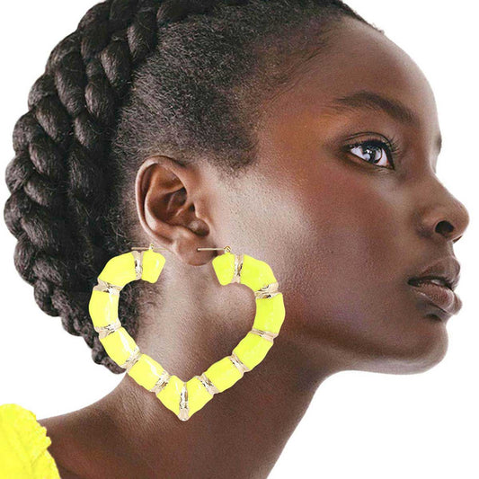 Neon Yellow Heart Bamboo Hoops|3 inches - Premium Wholesale Jewelry from Pinktown - Just $13! Shop now at chiquestyles