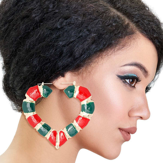 Red and Green Heart Bamboo Hoops|3 inches - Premium Wholesale Jewelry from Pinktown - Just $13! Shop now at chiquestyles