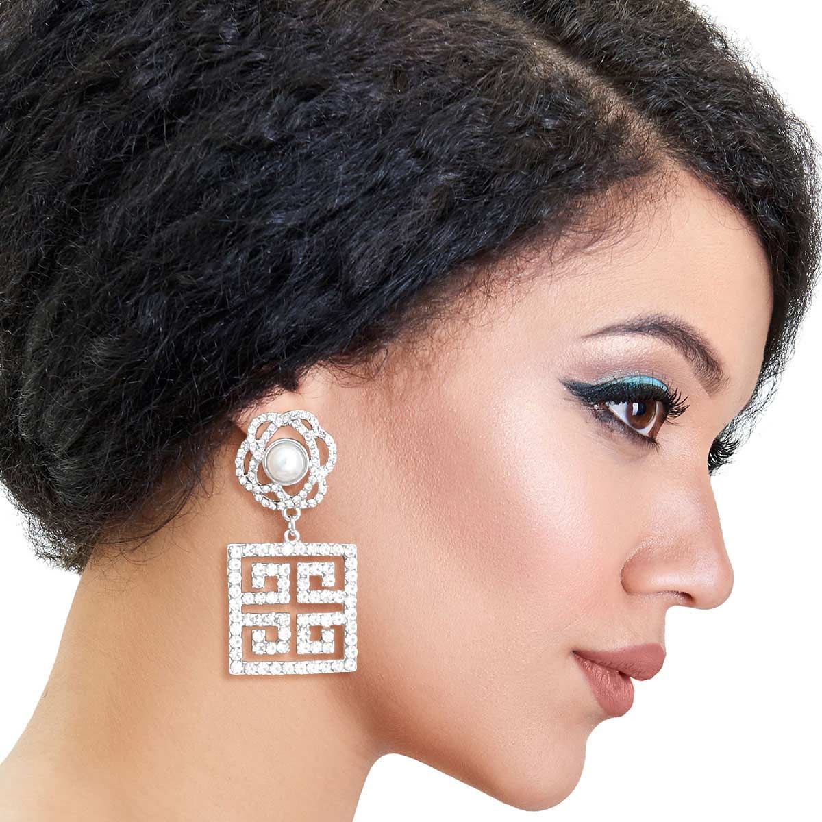 Silver Flower Square Greek Key Earrings|2.25 inches - Premium Wholesale Jewelry from Pinktown - Just $16! Shop now at chiquestyles
