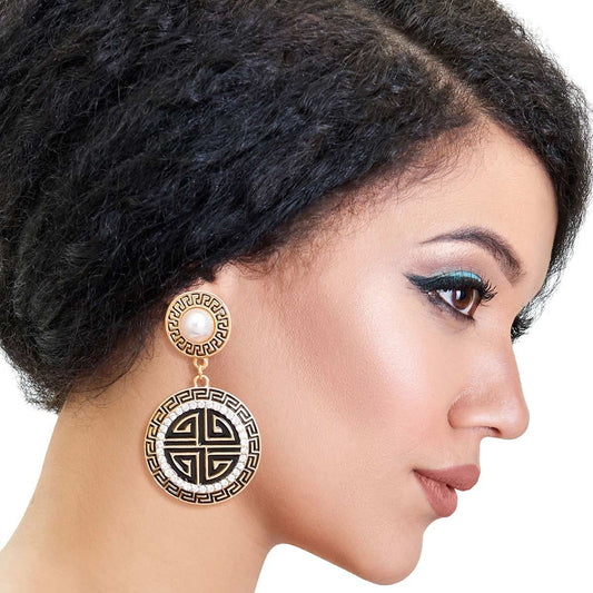 Gold Black Round Greek Key Charm Earrings|2.5 inches - Premium Wholesale Jewelry from Pinktown - Just $16! Shop now at chiquestyles
