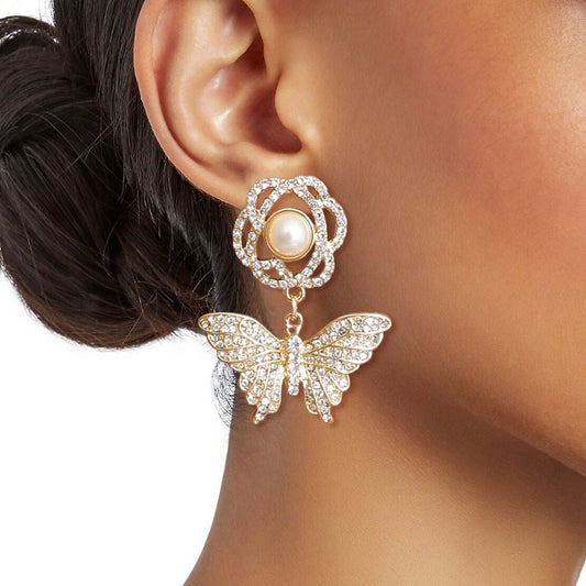 Gold Rose Butterfly Rhinestone Earrings|1.75 inches - Premium Wholesale Jewelry from Pinktown - Just $17! Shop now at chiquestyles