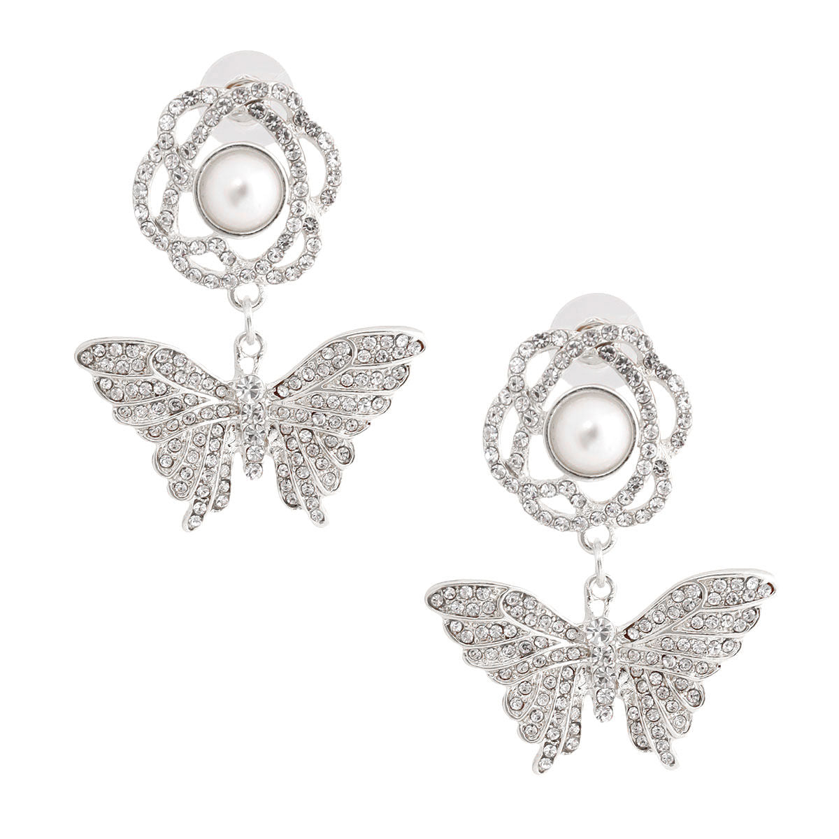 Silver Rose Butterfly Rhinestone Earrings|1.75 inches - Premium Wholesale Jewelry from Pinktown - Just $17! Shop now at chiquestyles