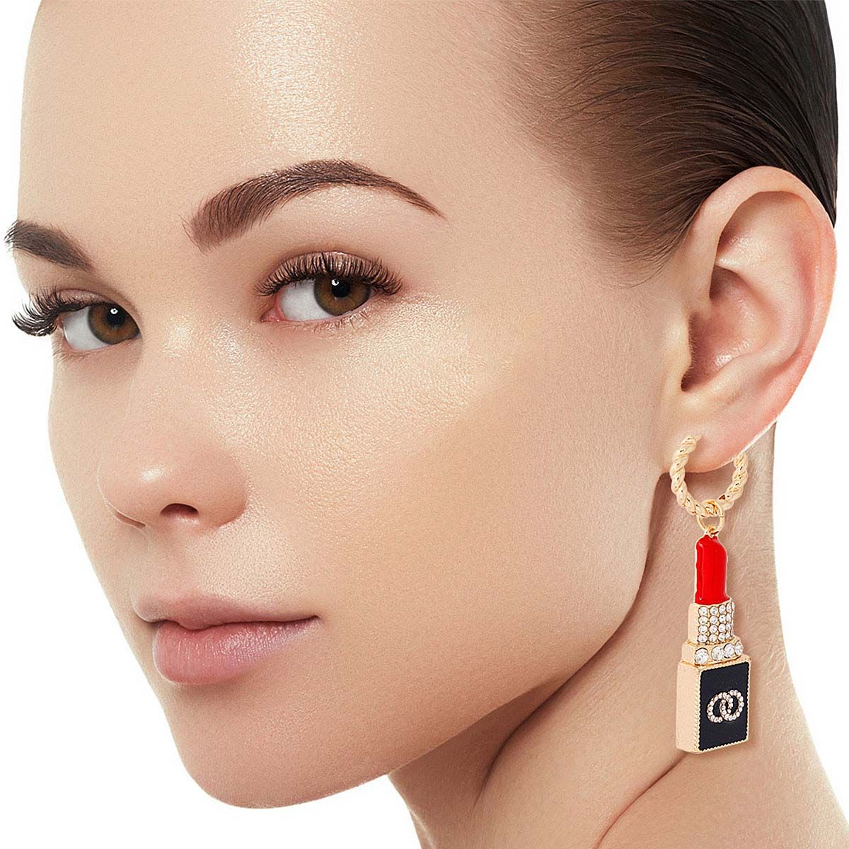 Gold Lipstick Charm Hoops|2.5 inches - Premium Wholesale Jewelry from Pinktown - Just $19! Shop now at chiquestyles