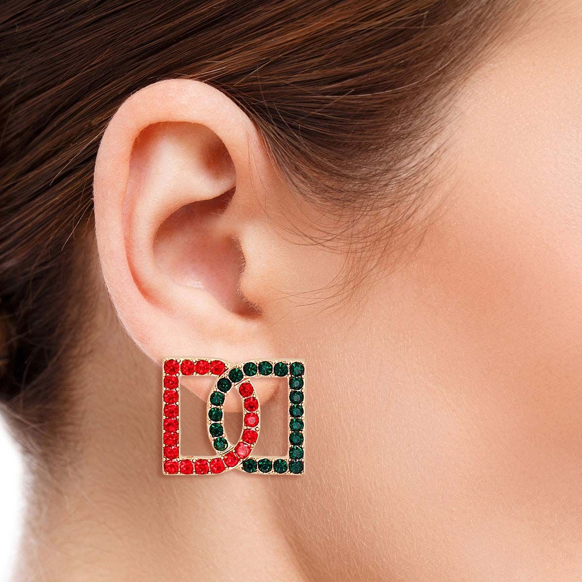 Red Green Double D Studs|1 x 1.2 inches - Premium Wholesale Jewelry from Pinktown - Just $10! Shop now at chiquestyles