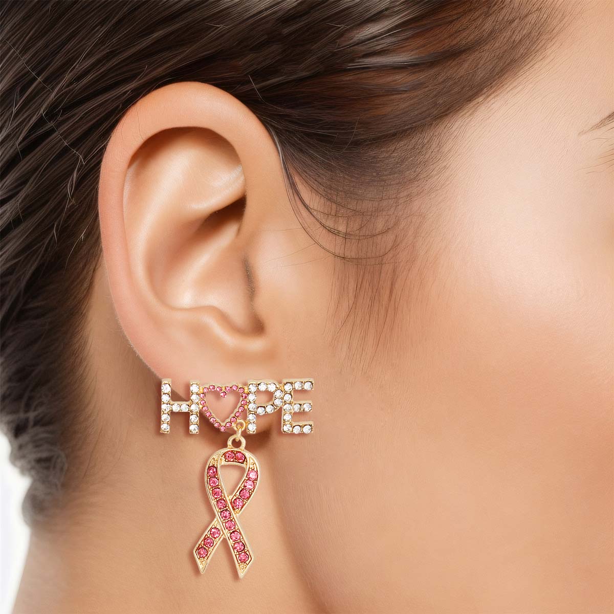 Gold Hope Pink Ribbon Earrings|1.75 x 1.5 inches - Premium Wholesale Jewelry from Pinktown - Just $16! Shop now at chiquestyles