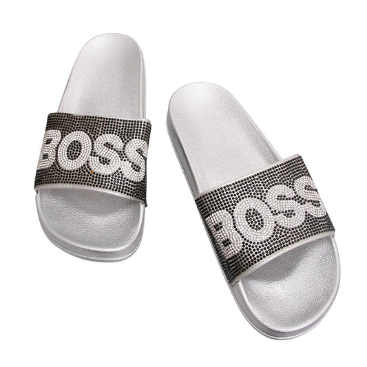 Size 11 Black BOSS Silver Slides|Size 11 - Premium Wholesale Fashion Accessories from Pinktown - Just $22! Shop now at chiquestyles