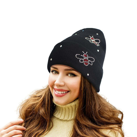 Black Bling Bee Beanie|Stretch to Fit - Premium  from Pinktown - Just $13! Shop now at chiquestyles