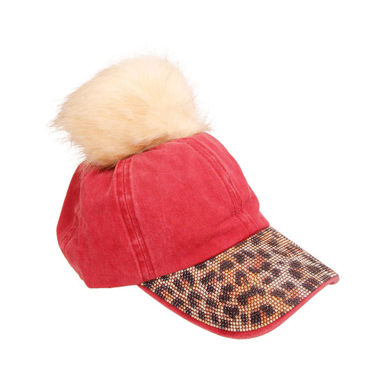 Burgundy Leopard Rhinestone Pom Cap|Adjustable - Premium Wholesale Fashion Accessories from Pinktown - Just $12! Shop now at chiquestyles